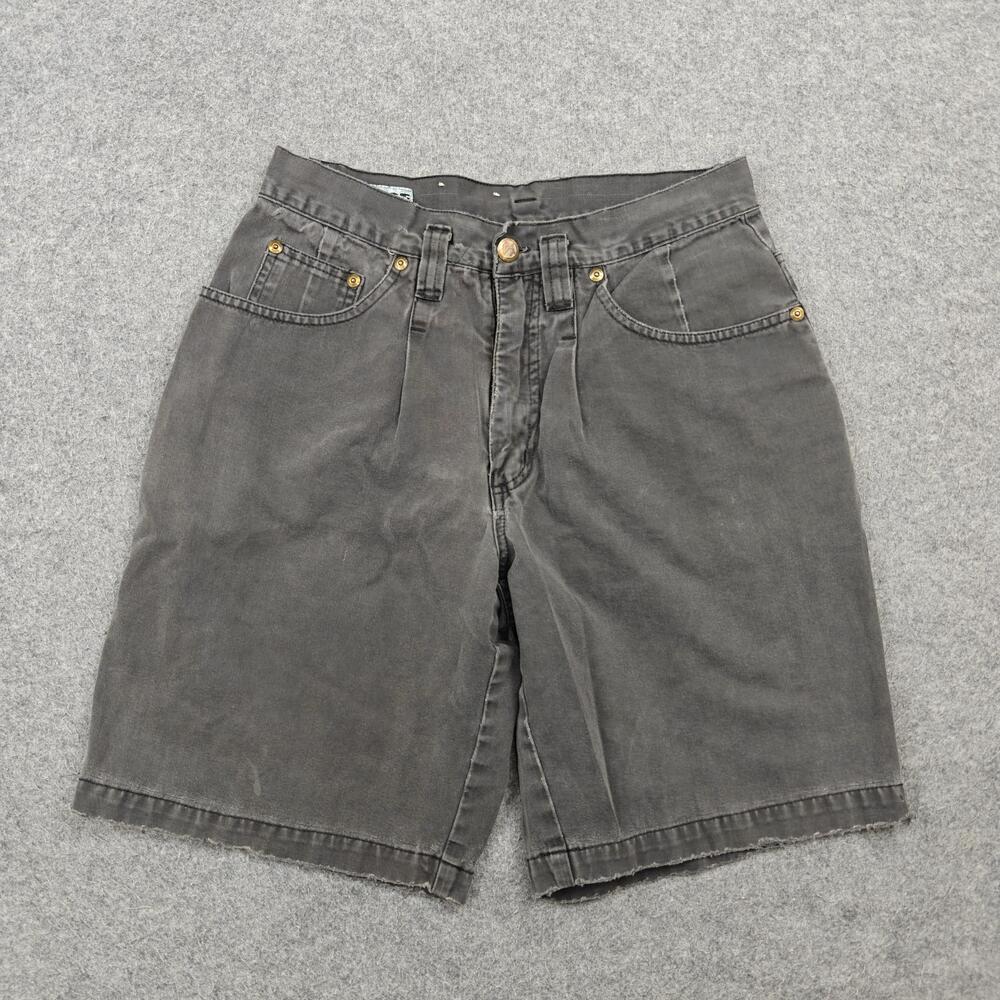 Vintage Badge Shorts Mens 30 Gray Denim Pleated Bermuda 8" Inseam Relaxed Fit